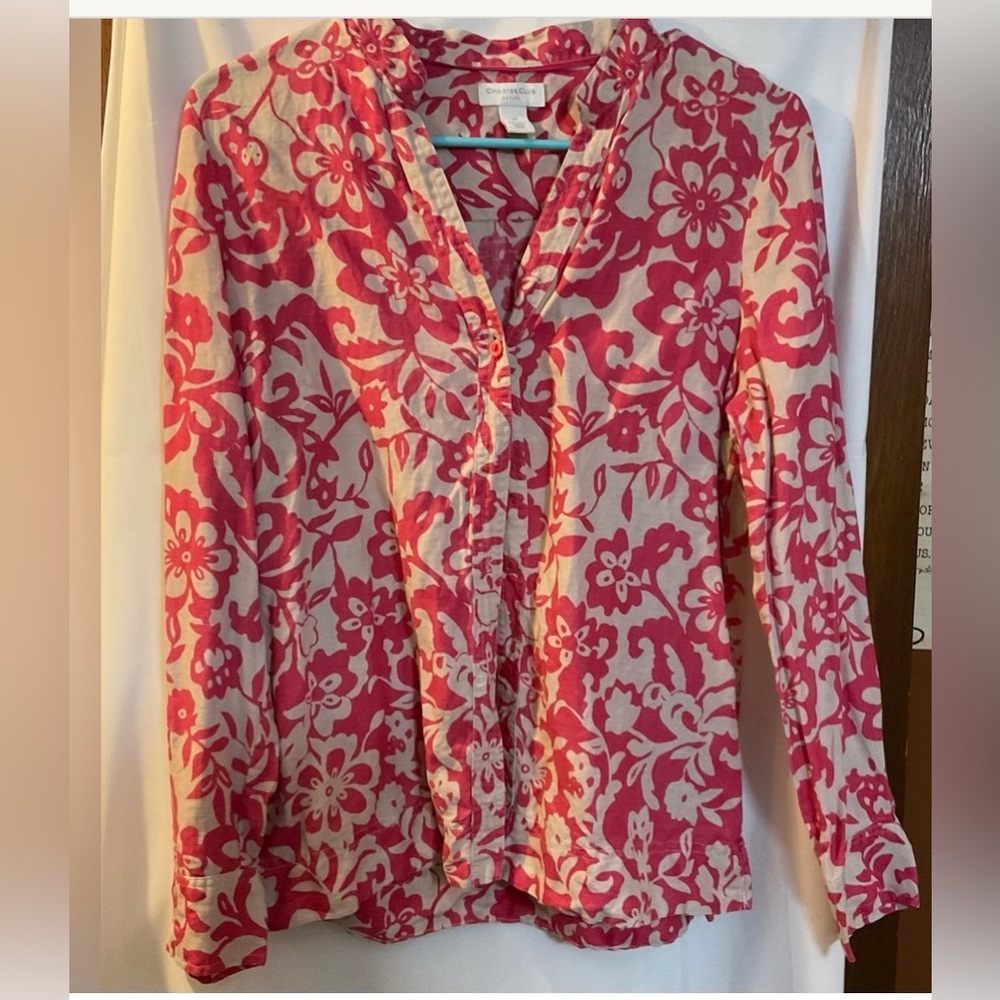 Charter Club: petite size10 button down v neck long sleeves floral linen blouse